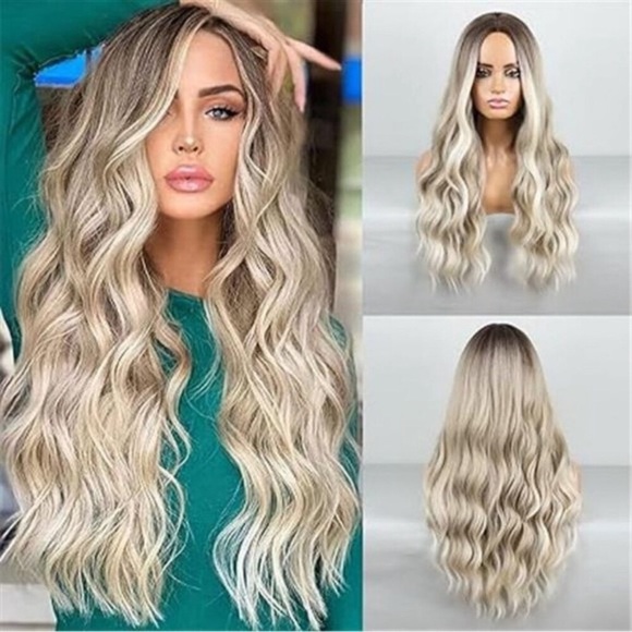 Ombre Blonde Wig Long Wavy Wig For Women Middle Part Wavy Wigs Synthetic - Picture 4 of 8